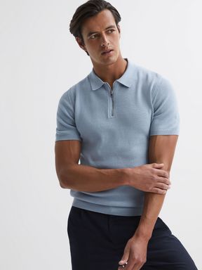 Soft Blue Reiss Fizz Knitted Half-Zip Polo T-Shirt