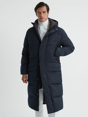 Navy Reiss Gate Quilted Long Hooded Coat