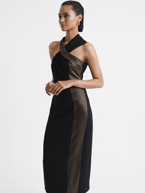 Black/Bronze Reiss Carla Metallic Stripe Bodycon Midi Dress
