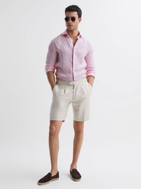 Soft Pink Herringbone Stripe Reiss Ruban Linen Long Sleeve Shirt