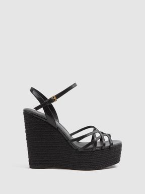 Black Reiss Elle Leather Raffia Platform Wedge Heels