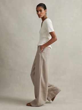 Light Khaki Reiss Demi Linen Wide Leg Garment Dyed Trousers