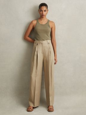 Light Khaki Reiss Leila Linen Front Pleat Trousers