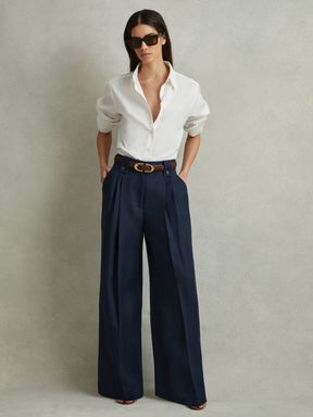 Navy Reiss Leila Linen Front Pleat Trousers
