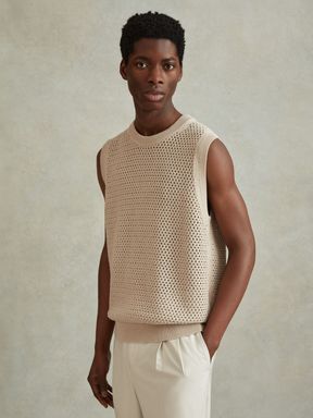 Soft Taupe Reiss Dandy Cotton Blend Crochet Vest