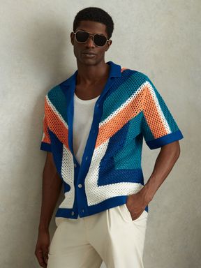 Bright Multi Reiss Panko Cotton Blend Crochet Cuban Collar Shirt