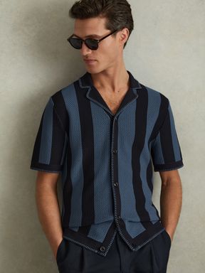 Navy/Blue Reiss Naxos Knitted Cuban Collar Shirt