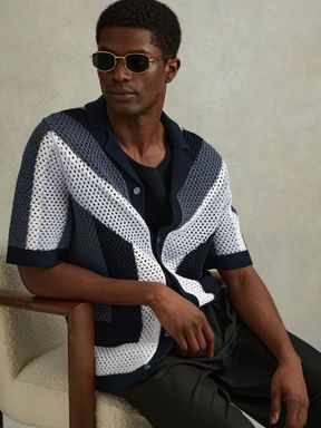 Navy Multi Reiss Panko Cotton Blend Crochet Cuban Collar Shirt