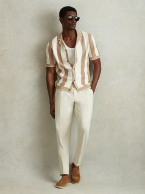Stone/Optic White Reiss Naxos Knitted Cuban Collar Shirt