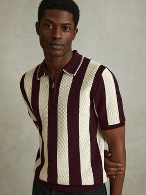 White/Bordeaux Reiss Paros Knitted Half-Zip Polo Shirt