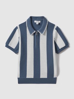 Airforce Blue/Ecru Reiss Paros Knitted Striped Half Zip Polo Shirt