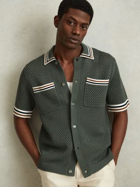 Dark Sage Green Reiss Coulson Cotton Blend Crochet Shirt
