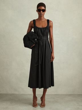 Black Reiss Liza Cotton Ruched Strap Belted Midi Dress