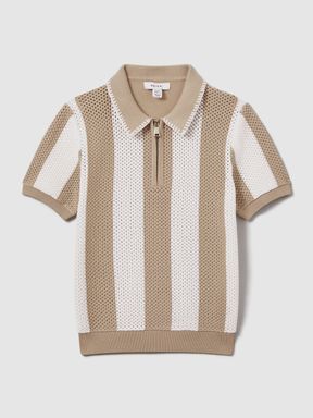 Soft Taupe/Optic White Reiss Paros Knitted Striped Half Zip Polo Shirt