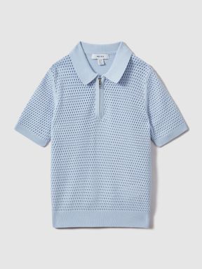 Soft Blue Reiss Burnham Textured Half-Zip Polo T-Shirt