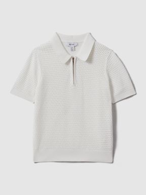 Optic White Reiss Burnham Textured Half-Zip Polo T-Shirt