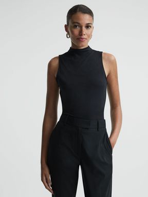 Black Reiss Bianca Fitted Ruched High-Neck Top