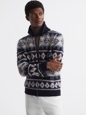Navy Reiss Elias Navajo Print Zip-Through Jumper