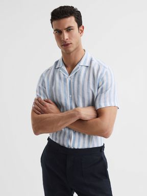 Soft Blue Stripe Reiss Rufus Linen Cuban Collar Shirt