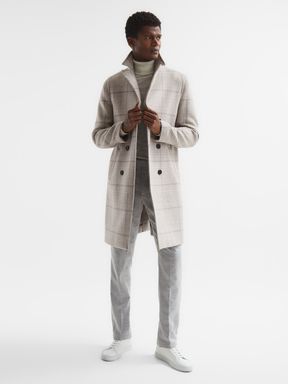 Soft Grey Reiss Billet Double Breasted Long Checked Overcoat