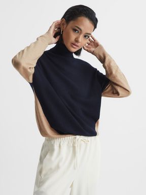 Navy/Camel Reiss Nova Colourblock Roll-Neck Sweater