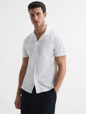 White Reiss Caspa Mercerised Jersey Cuban Collar Shirt
