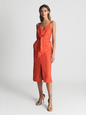 Orange Reiss Kay Tie Detail Linen Midi Dress