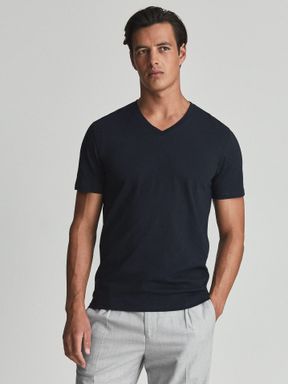 Navy Reiss Dayton Cotton V-Neck T-Shirt