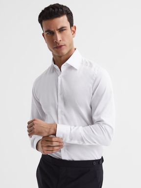 White Reiss Frontier Cotton Satin Stretch Slim Fit Shirt