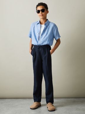 Soft Blue Reiss Holiday Short Sleeve Linen Shirt