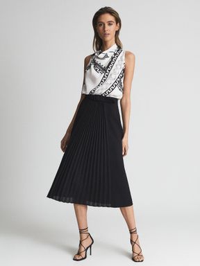 Black Reiss Drew Contrast Pleat Midi Skirt