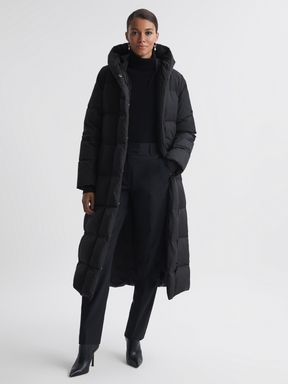 Black Reiss Larissa Long Belted Puffer Coat