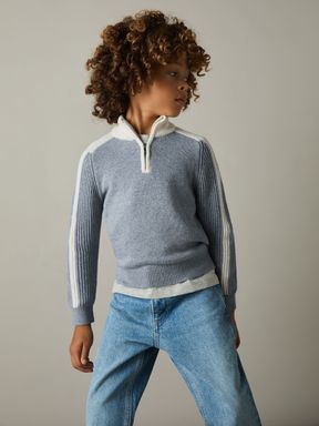 Blue/White Reiss Carnellis Zipped Funnel-Neck Jumper with Wool and Cotton