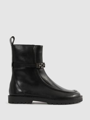 Black Reiss Safia Leather Chain-Strap Ankle Boots