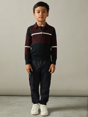 Navy/Bordeaux/White Reiss Tokyo Slim Fit Colourblock Half-Zip Shirt