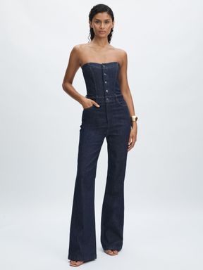 Calix Blue Paige Stretch-Cotton Denim Bustier Jumpsuit