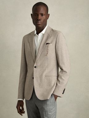 Taupe/Off White Reiss Garland Single-Breasted Puppytooth-Check Blazer With Wool