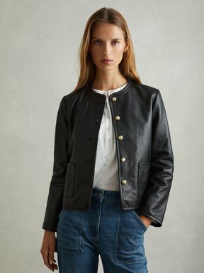 Black Reiss Gracie Cropped Leather Jacket