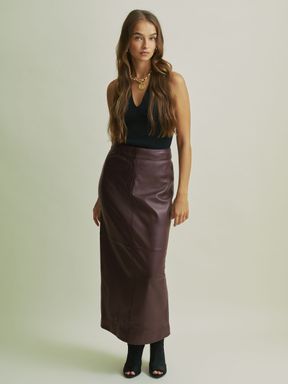 Berry Florere Leather Pencil Midi Skirt