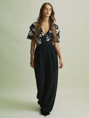 Black Florere Frill Sleeve Wide Leg Black Jumpsuit