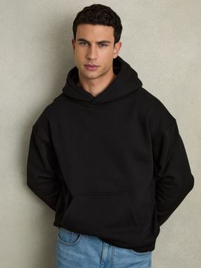 Black Reiss Boulevard Cotton Fleece-Back Drawstring Hoodie