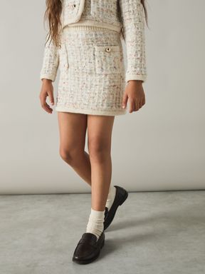 Cream Reiss Felicity Tweed-Effect Knitted Mini Skirt with Merino