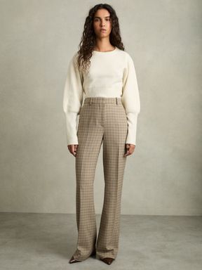 Brown Reiss Vida Wool Wide-Leg Houndstooth-Check Trousers