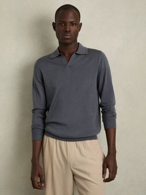 Blackened Blue Reiss Milburn Merino Wool Half-Zip Polo Shirt
