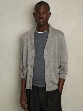 Warm Grey Melange Reiss Taunton Merino Wool Shawl-Collar Cardigan