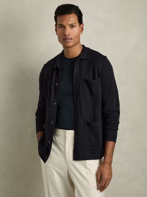 Navy Reiss Munich Merino Wool Button-Through Cardigan