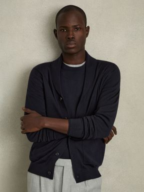 Navy Reiss Taunton Merino Wool Shawl-Collar Cardigan