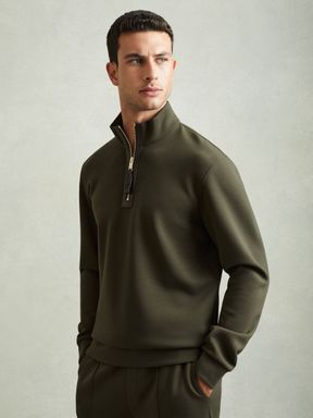 Forest Green Reiss Hale Leather Placket Interlock Jersey Sweatshirt