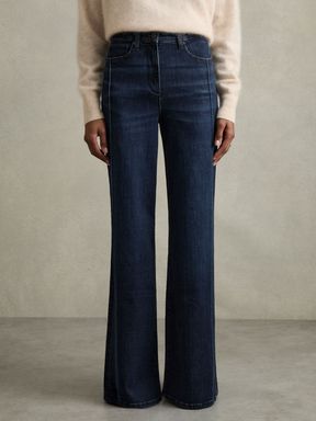 Dark Blue Reiss Heather Stretch Cotton Wide Leg Jeans