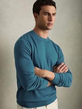 Deep Teal Blue Reiss Wessex Merino Wool Crew-Neck Jumper